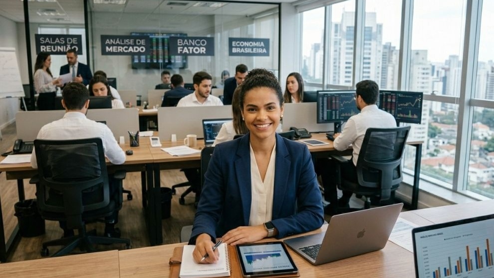 Mulher negra jovem sorrindo, em escritório moderno, trabalhando com gráficos e análises financeiras ao lado da equipe.
