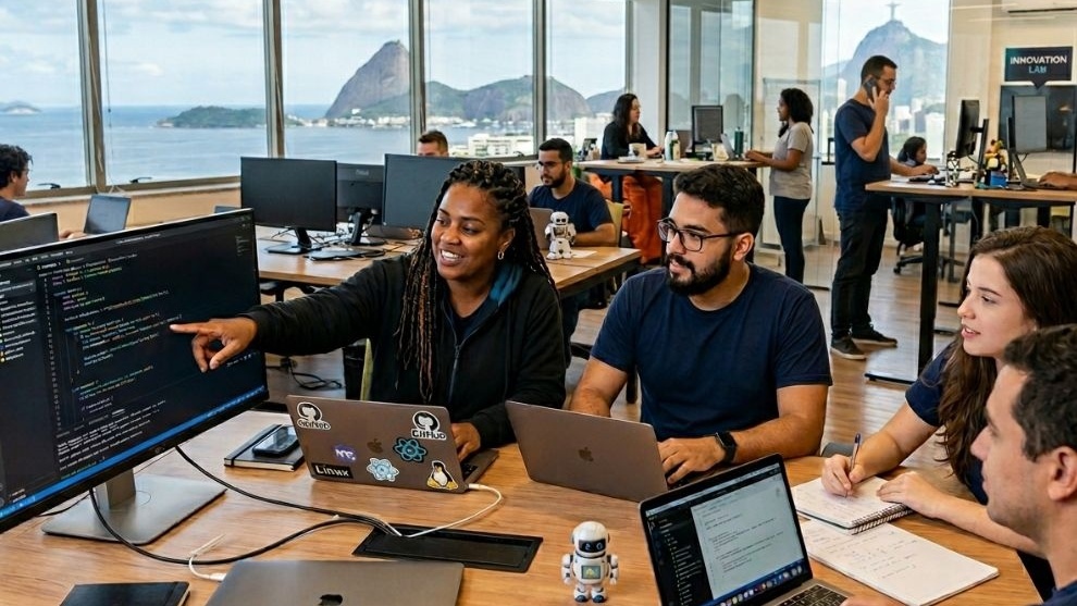 Três profissionais de tecnologia trabalhando em um escritório com notebooks.