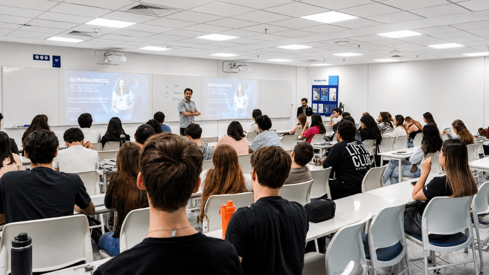 “Sala de aula universitária cheia de estudantes assistindo a uma apresentação conduzida por um professor à frente da turma.