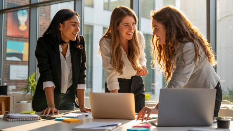três jovens empreendedoras conversando em frente a dois notebooks