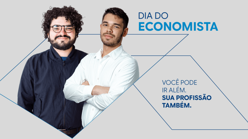  Dois jovens economistas posam lado a lado em arte do Dia do Economista, com a mensagem “Você pode ir além. Sua profissão também.”
