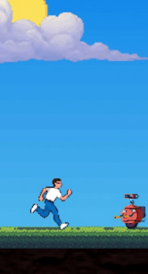 Cena em pixel art de um homem correndo em um gramado na direção de um pequeno robô vermelho, sob céu azul com nuvens